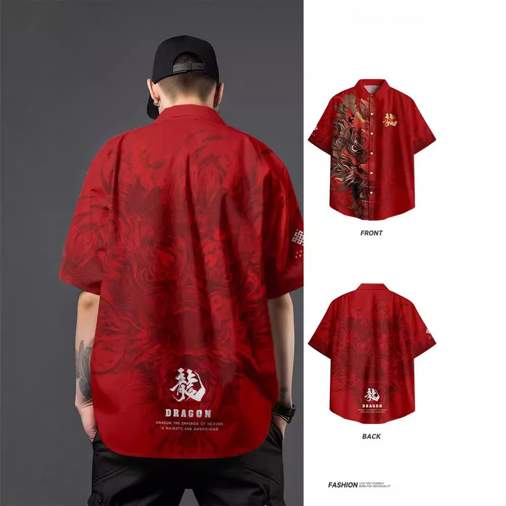 Red Oversized Chinese Dragon Print Streetwear Hawaiian Shirt 2024 Men Beach Short Sleeve Harajuku Aloha Shirt Camisas