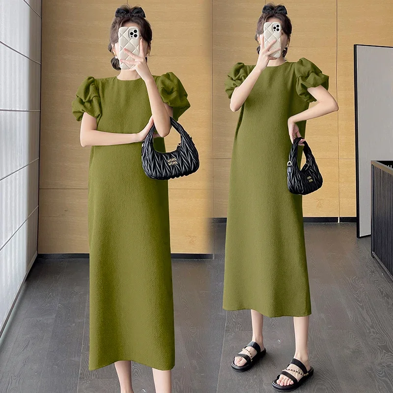 Green Black Maternity Summer Dress Puff Sleeve Plus Size Pregnant Woman A-Line Dress Ankle-length Elegant Pregnancy Party Dress