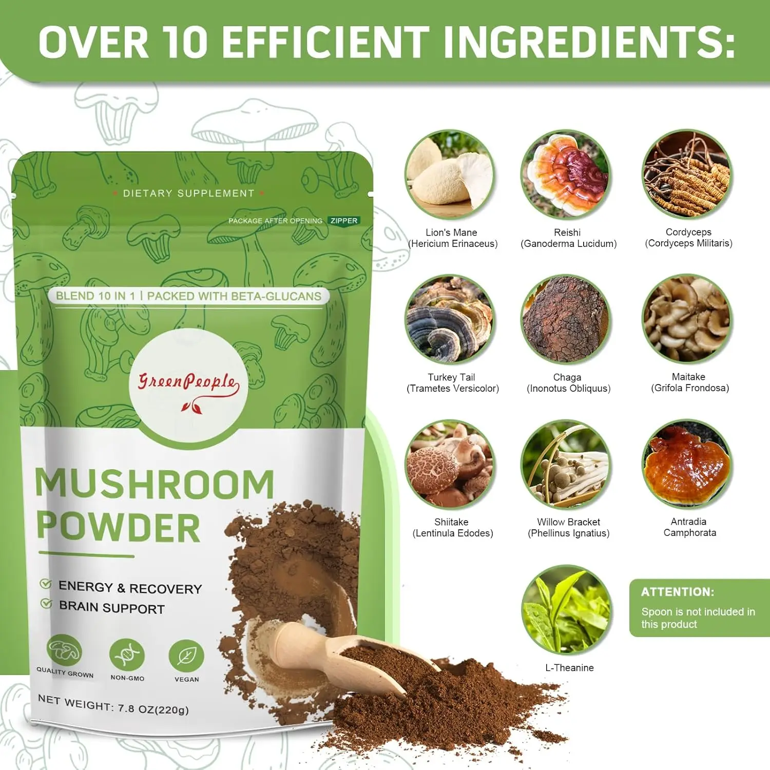GREENPEOPLE 10-in-1 Mushrooms Lions Mane Supplement  Powder with Reishi Complex for Cognitive Function & Immune Support view 3