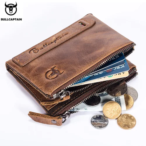 Imagen 2 del producto Cartera de cuero retro BULLCAPTAIN para hombre, hebilla de cuero con cremallera, billetera corta para dinero, tarjetero, monedero, billetera RFID QB06