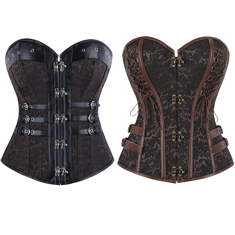 

Корсеты в стиле стимпанк для женщин: готический жаккардовый кожаный корсет с металлическими косточками, топ-бюстье, костюм для косплея, пиратский корсет, коричневый, черный