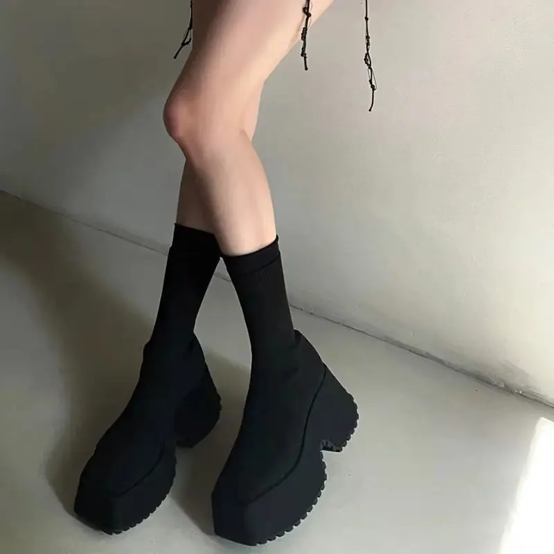 2023 Spring and Autumn New Knitted Stretch Socks Women\'s Platform Gradient Skinny Elevator Ankle Boots