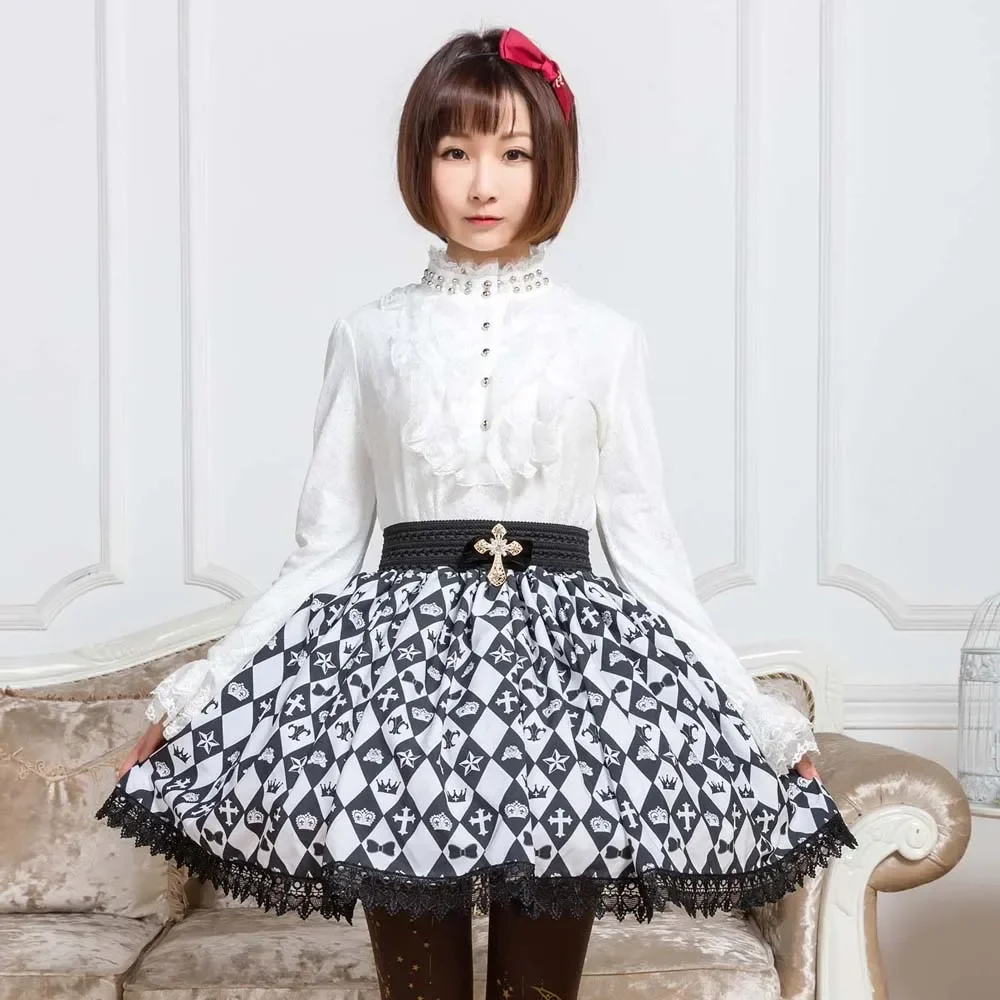 Sweet Mori Girl Elastic Waist Skirt Black and White Diamond Checkered Short Skirt for Summer