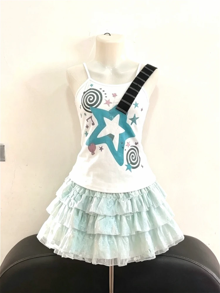 Y2k Harajuku 2 Piece Outfit Women Kawaii Star Print Cami Top Glitter Tiered Mini Skirt Retro Subculture Daily Casual Suit