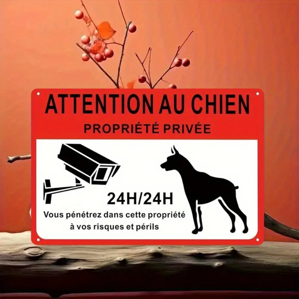 2D Flat – 1 Stück französisches Vintage-Metallschild „Attention Au Chien“, 20,3 x 30,5 cm – privates Hinweisschild mit Hundesilhouette