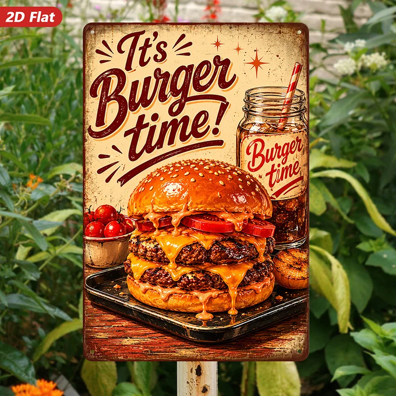 2D Flat, 1pc Metal Sign Wall Art, Burger - Themed Home Decor, Retro Style, Food Pattern, for Kitchen, Dining Room,