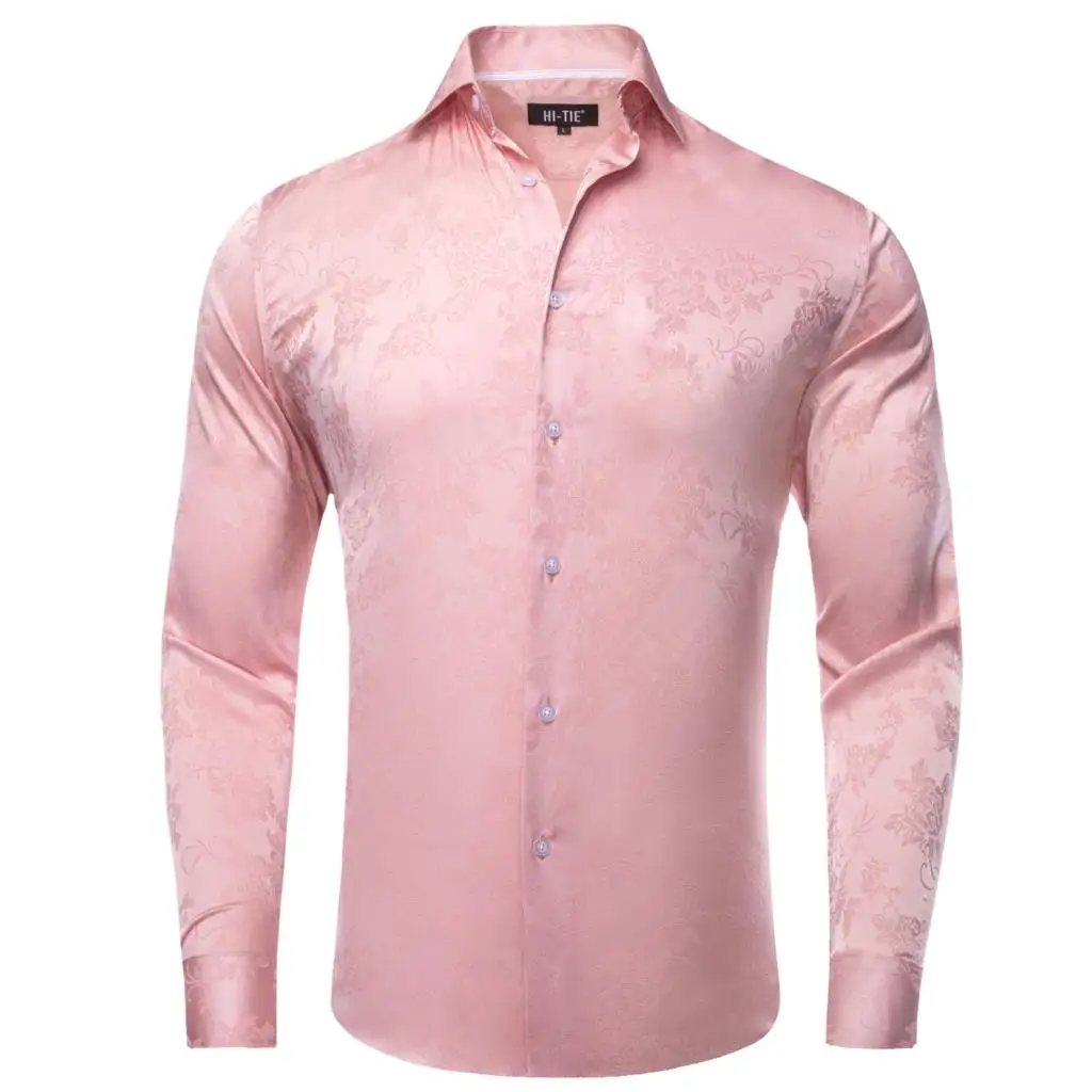 Hi-Tie Salmon Pink Lilac Silk Satin Mens Shirts Lapel Collar Solid Long Sleeve Dress Shirt Soft Blouse for Male Wedding Business