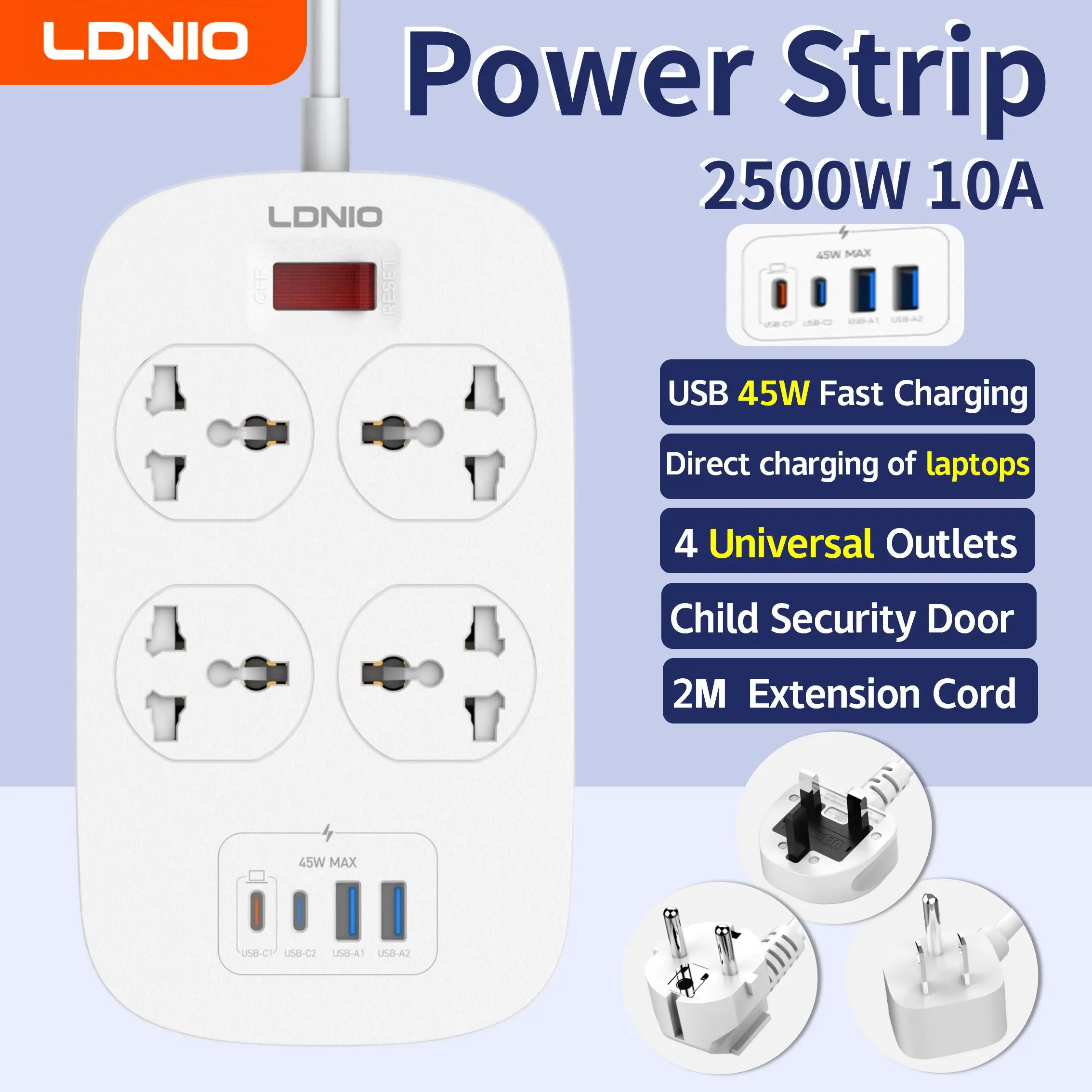 LDNIO 45W 4 Universal Outlets Power Strip Socket with PD USB C USB-A Fast Charging Extension Cord Surge Protector EU US UK Plug