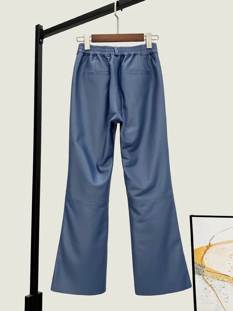 Winter New High Quality Genuine Real Leather Pants Women's Fashionable All-Match Cropped Bootcut Trousers Waist Casual