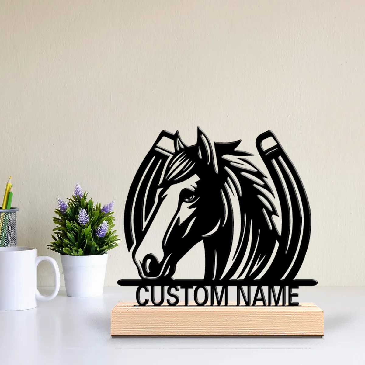 1pc horse Customizable Name Tin Statue Metal Ornament Art Figurine With Wood Base Metal Statue For Bedroom Desk Decor
