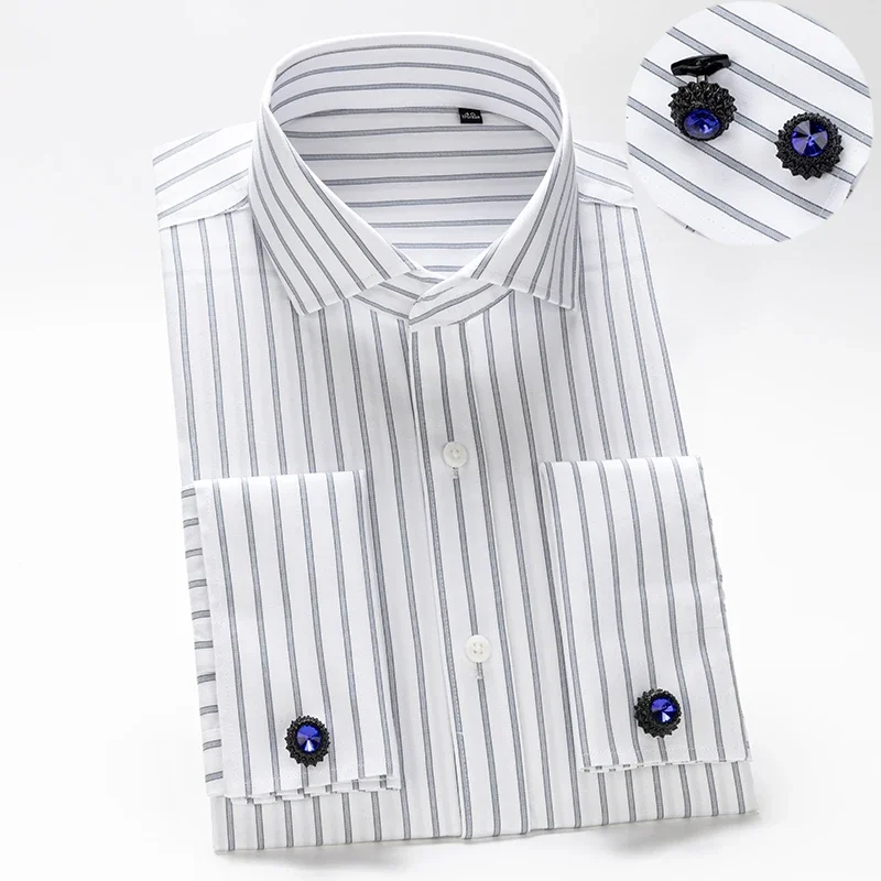 High Quality DP Iron Free France Shirts 2025 Men\'s Slim Fit Windsor Neck Long Sleeved Cotton Anti Wrinkle Cufflinks White Shirt