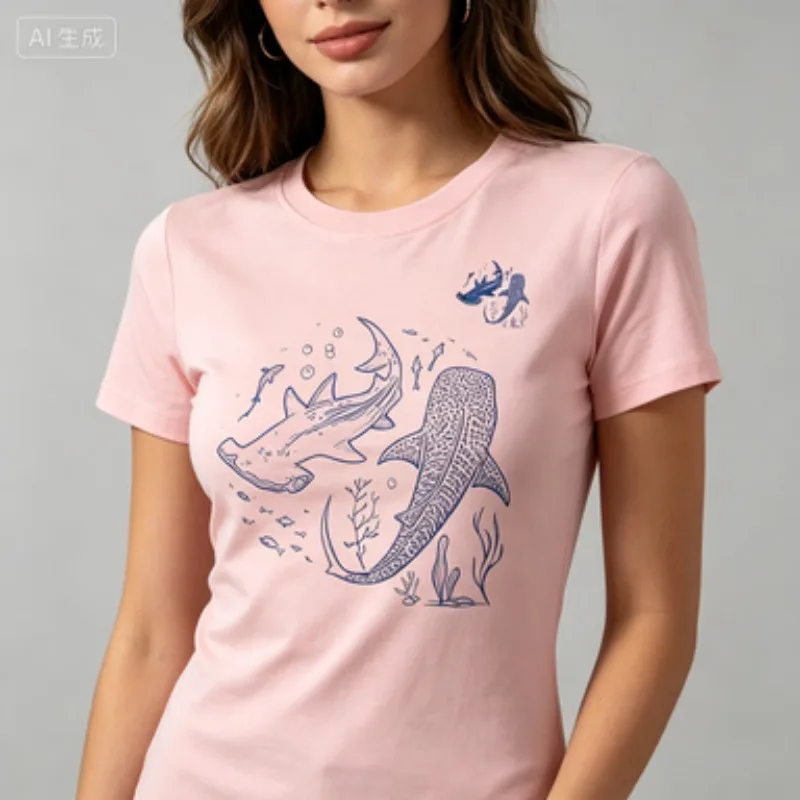 Womens Cotton Standard Fit Crewneck Tee Vintage Ocean Marine Animal Shark Print Trendy Casual Ladies Short Sleeve Top