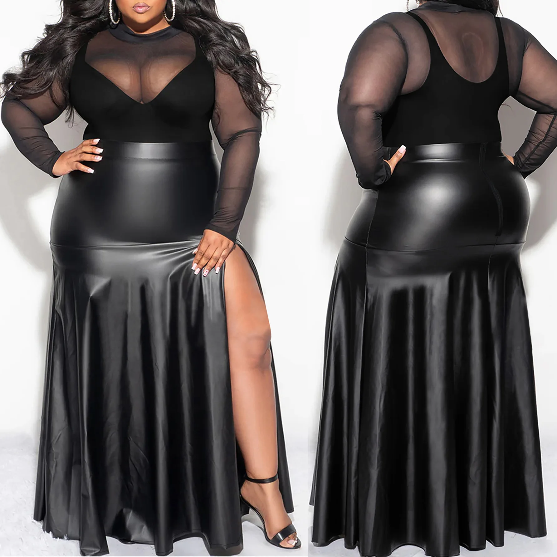 

Amazon European and American spring and autumn women's clothing high-waisted split ruffle edge PU leather large-size long skirt