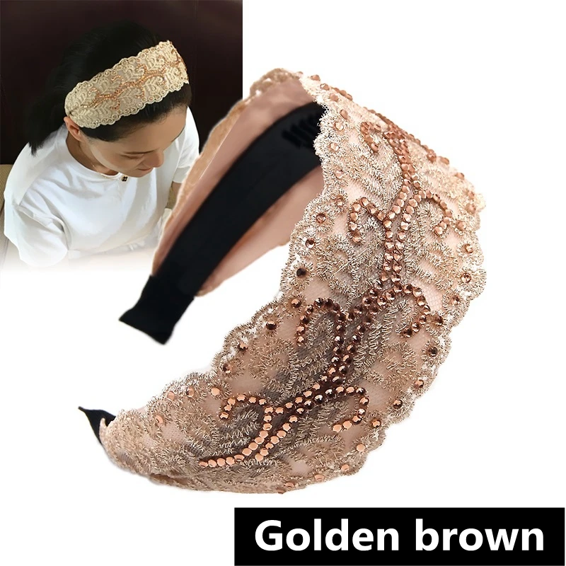 1Pc Rhinestone Wide-brimmed Headband Women Solid Color Lace Hairband knitting Hair Hoop Girls Retro makeup Hair Accessories