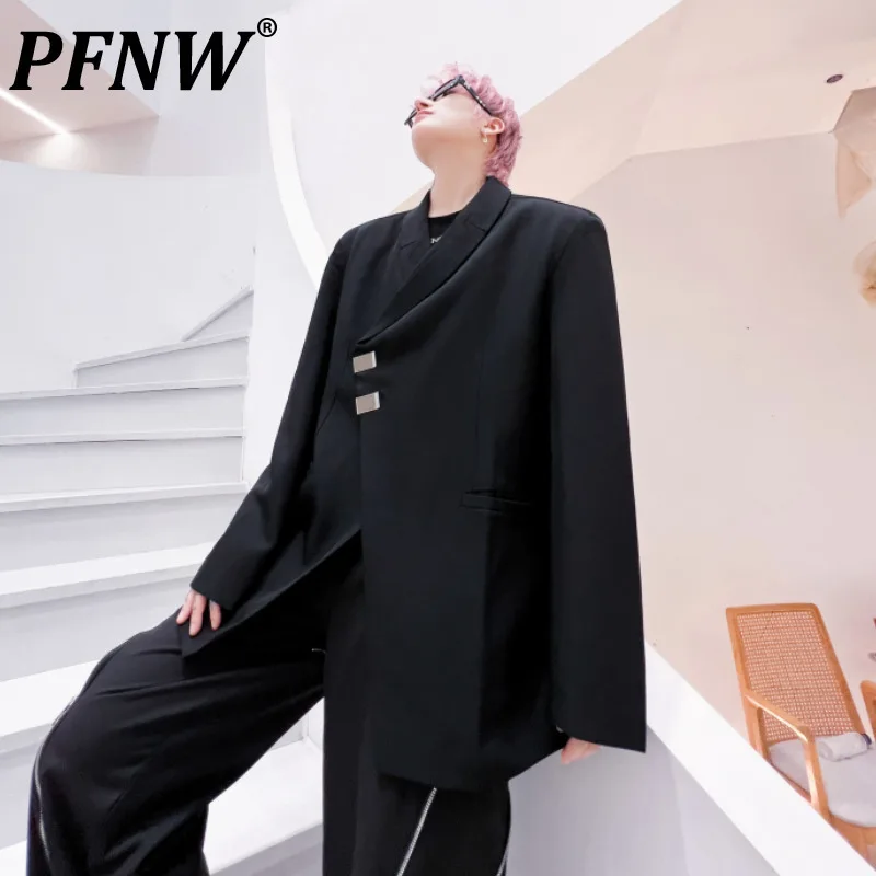 PFNW Black Irregular Oblique Buckle Design Blazers For Men And Women Loose Fit Long Sleeve Suit Autumn New Niche Clothes 12C1507