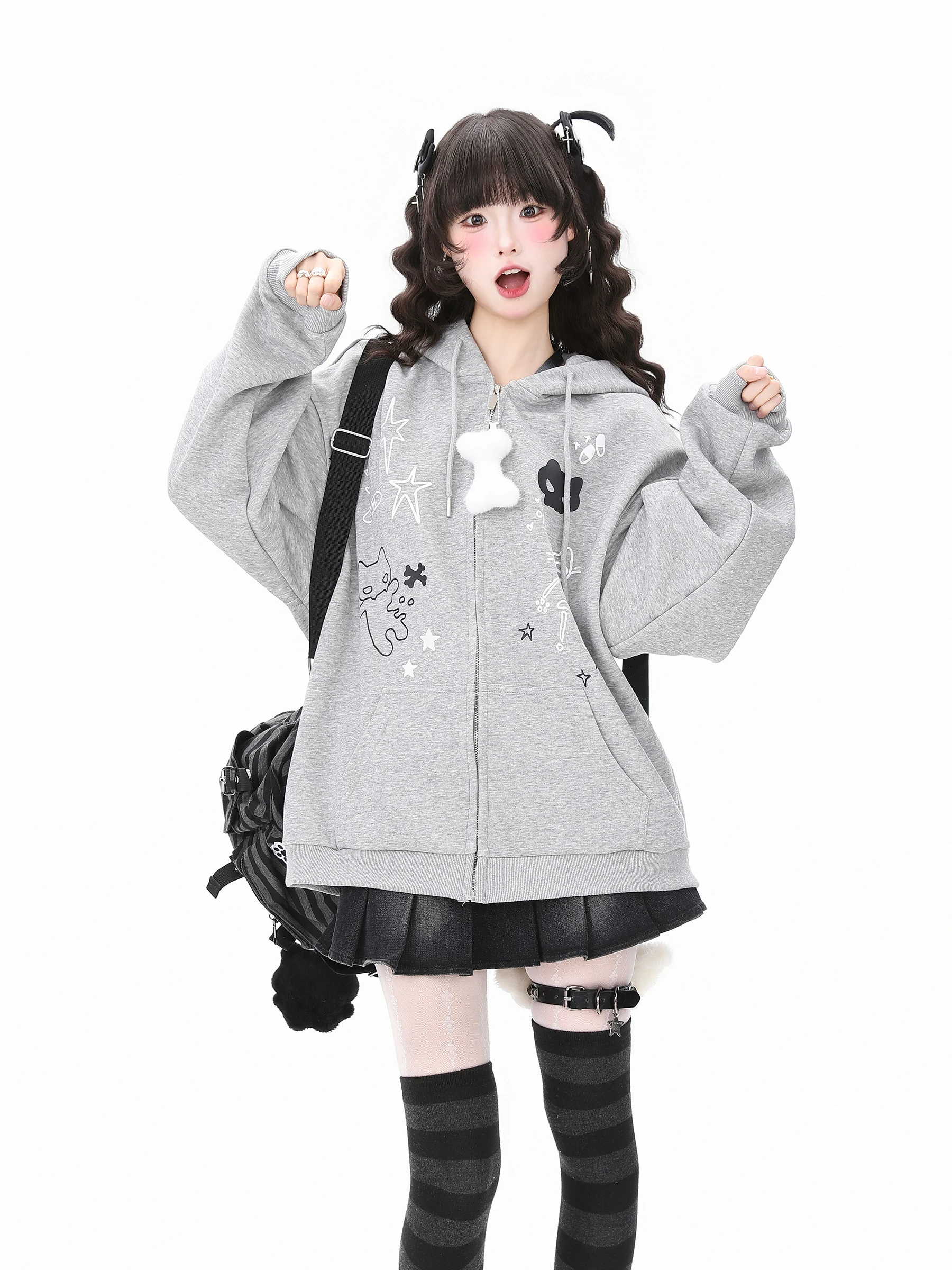 2025 Spring and Autumn New Japanese Style Cute Gray and Black Cat Print Loose Casual Hooded Sweatshirt Cardigan Jacket