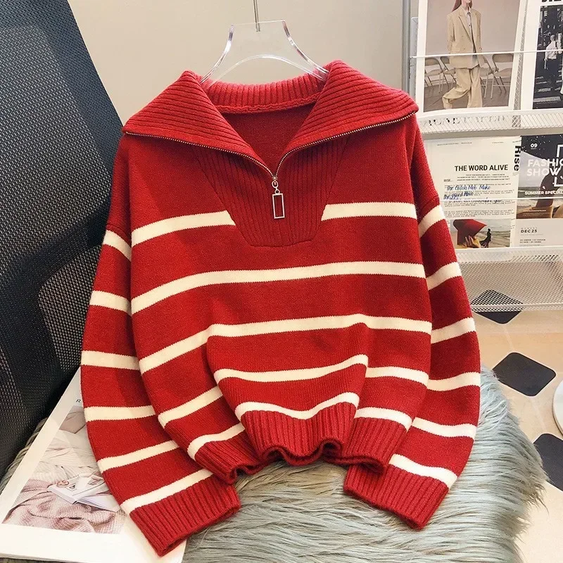 Warm Women Sweater Thick Winter Fashion Striped Zipper Jmuper Loose Korean Knitted Female Pullover Blouse