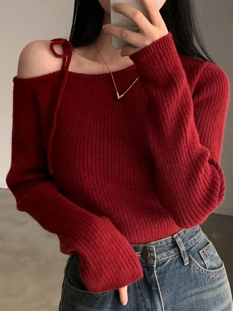 

Корейский модный вязаный свитер oulder Bared Long Sve с асимметричным воротником, утягивающий женский топ для внутренней одежды