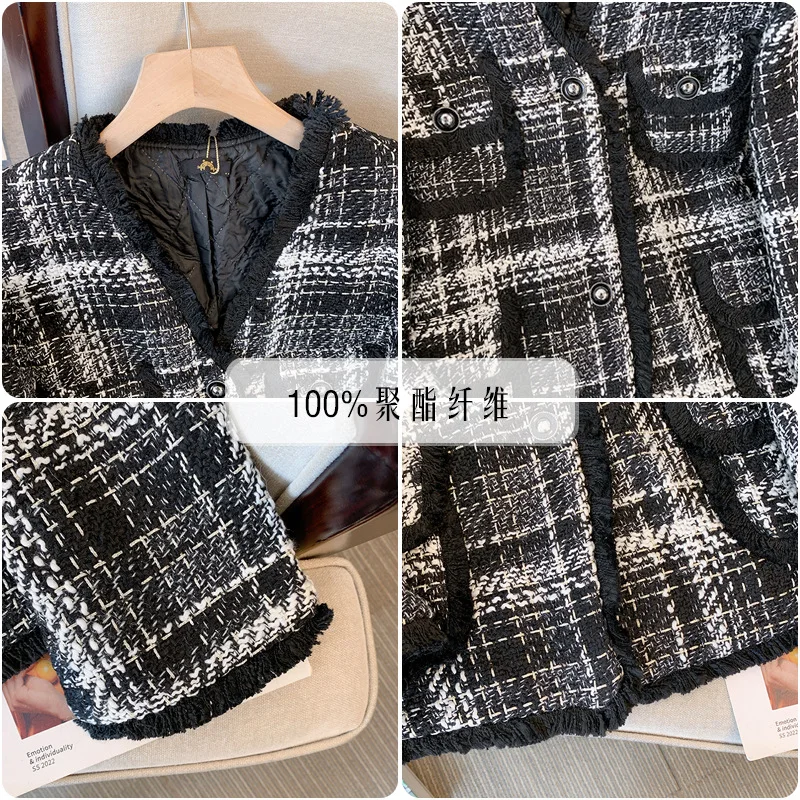 150Kg Plus Size Women\'s Bust 157 Autumn Winter Loose Small Fragrant Coat Thickened Thousand Bird Checker Top Black