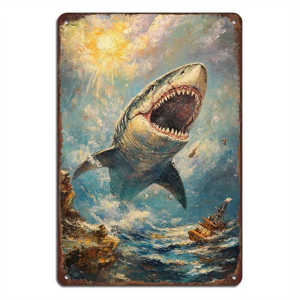 Vintage Shark Seascape Metal Wall Art 8x12 Inch Tin Sign Classic Iron Painting Technique Versatile Office Decor Home Wall Decor