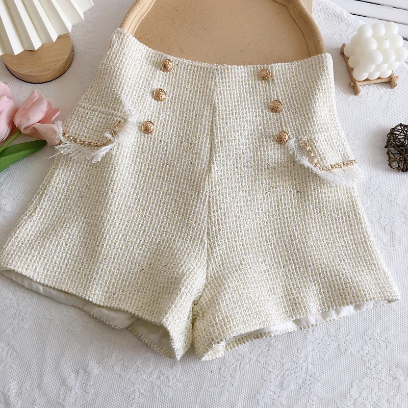 가을 겨울 신상 여성용 반바지 트위드 더블 브레스티드 하이웨이스트 태슬 엣지 가짜 포켓 반바지 따뜻한 와이드 레그 숏 팬츠