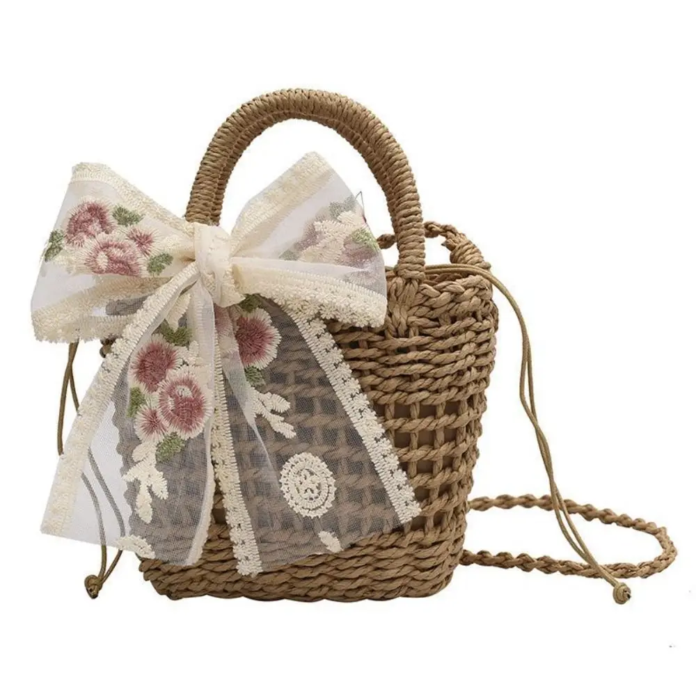 

Sweet Floral Embroidery Woven Handbag Drawstring Hollow Straw Crossbody Bag Bow Bucket Bag Summer Shoulder Bag Shopping