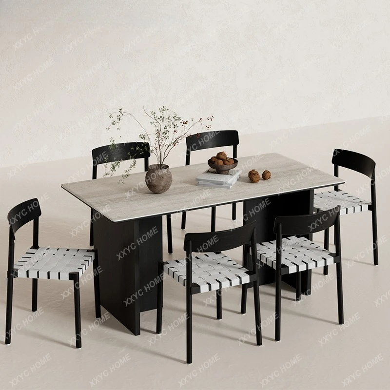 DD Travertine rock slab dining table solid wood medium and ancient style household small apartment Italian minimalist