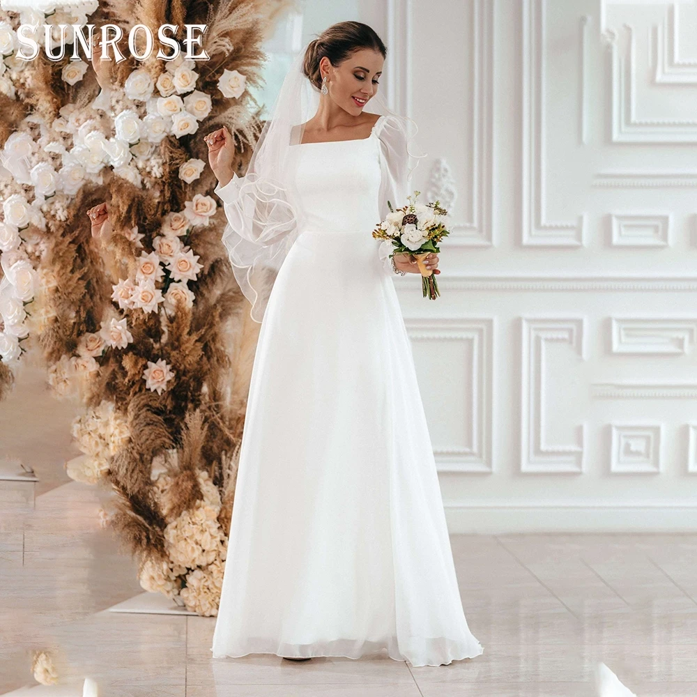 SUNROSE Abiti da sposa civili 2025 Chiffon Colletto quadrato Manica lunga Lunghezza pavimento Abiti da sposa semplici da spiaggia per la sposa Personalizzati