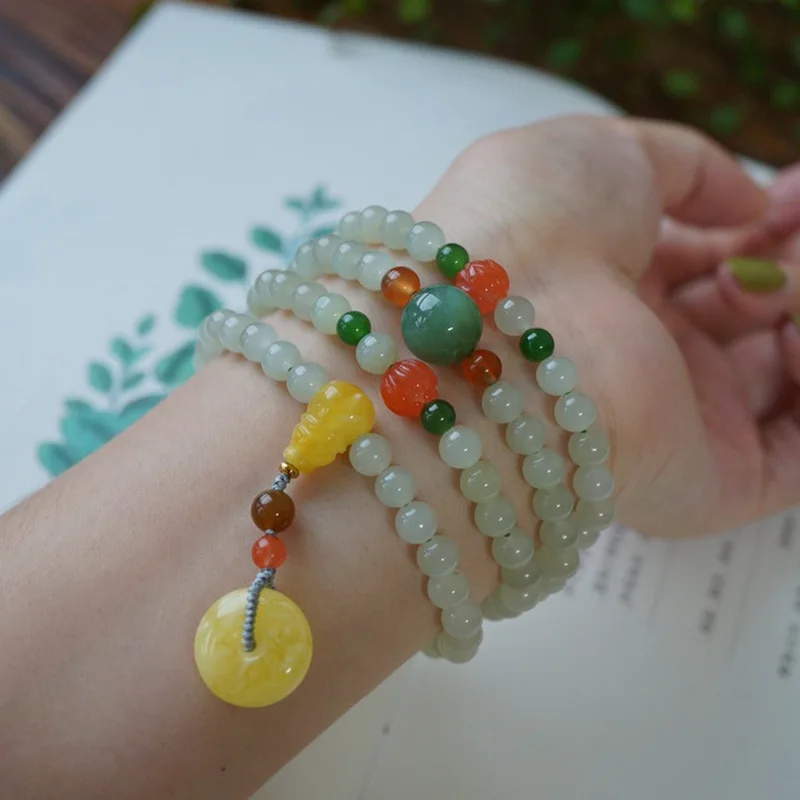 Natural Hetian Jade Multi-Loop With Round Beads, High Translucency, Qinghai 6Mm Bracelet