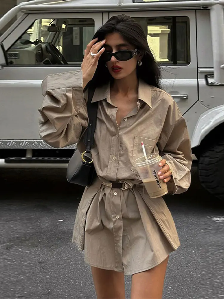 

Khaki Long Sleeve Lapel Pleated Mini Shirt Dress Women Single Breasted Loose Short Dress Fashion Ladies Commute Street Vestidos