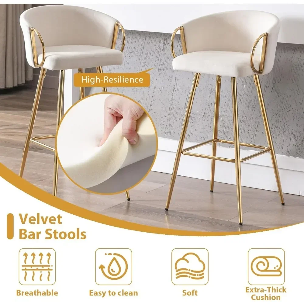 Bar Stools Set of 2, Set of 4, 30 Inch Counter Height Bar Stools Velvet Low Back Chair with Golden Armrest, 2 or 4 Pcs Bar Stool