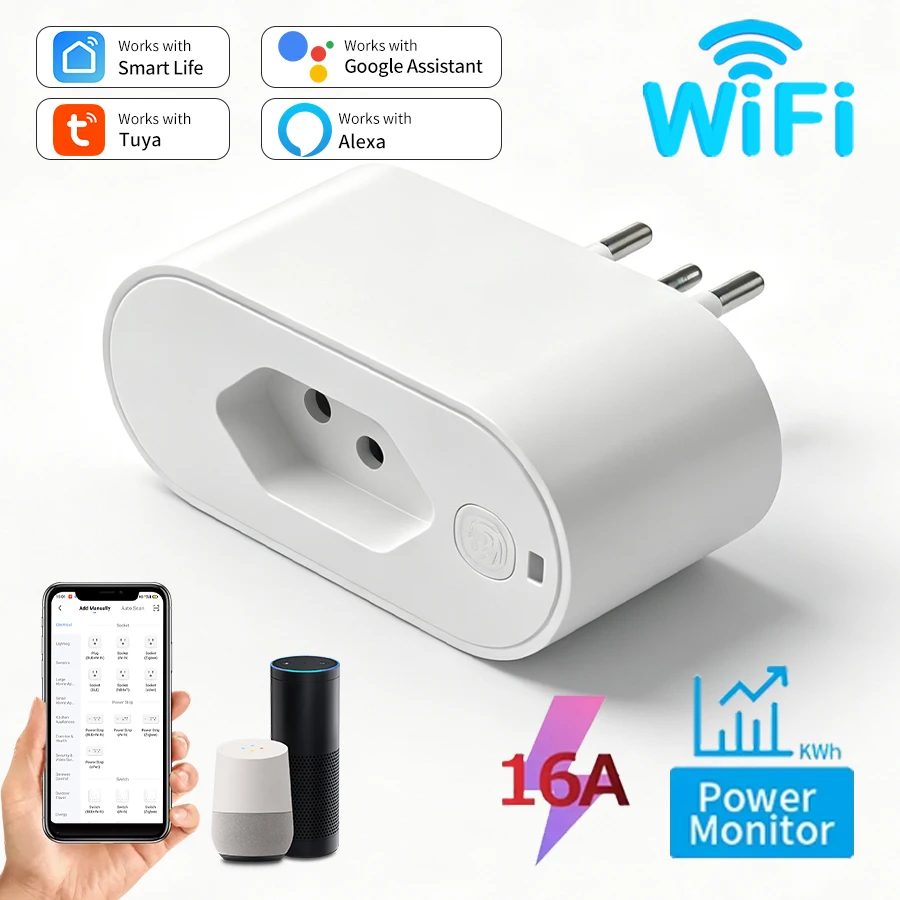 Tuya Brazil Smart Plug WIFI Socket Power Monitor 16A Smart Outlet Smart Life App Remote Voice Control with Alexa Google Home