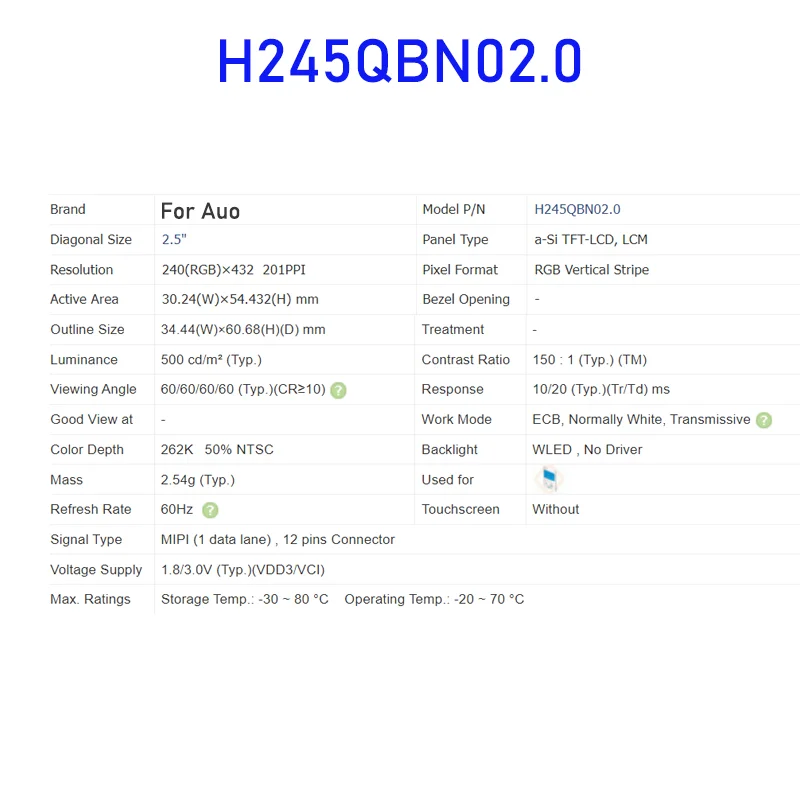 H245QBN02.0 2.5 Inch LCD Display Screen Panel Original for Auo 12 Pins Connector Brand New 100% Tested