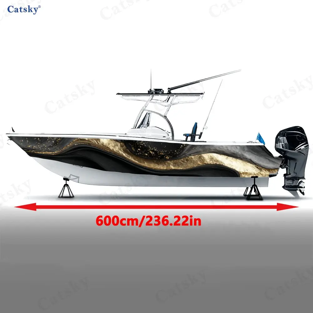 Flowing Gold Mist Cloud Pattern Boat Stickers, PVC Waterproof Vinyl Wrap Decals for Fishing Boats, Durable and Stylish Design