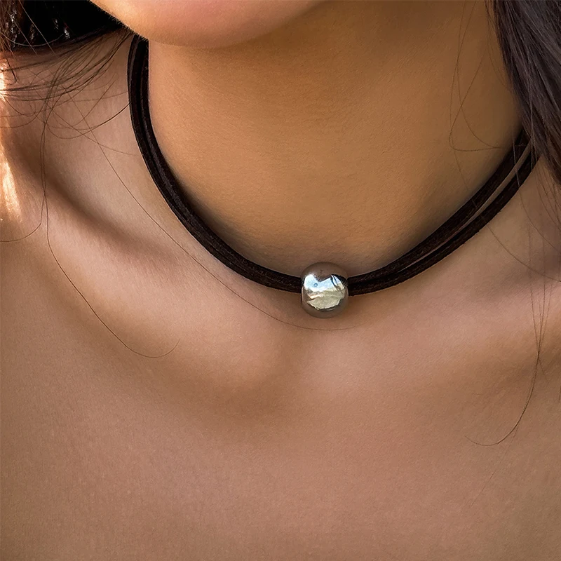 Classic Gothic Tattoo Black Leather Choker Necklace For Women Big Bead Pendant Charm Necklaces Boho Jewelry Christmas Gift X0199