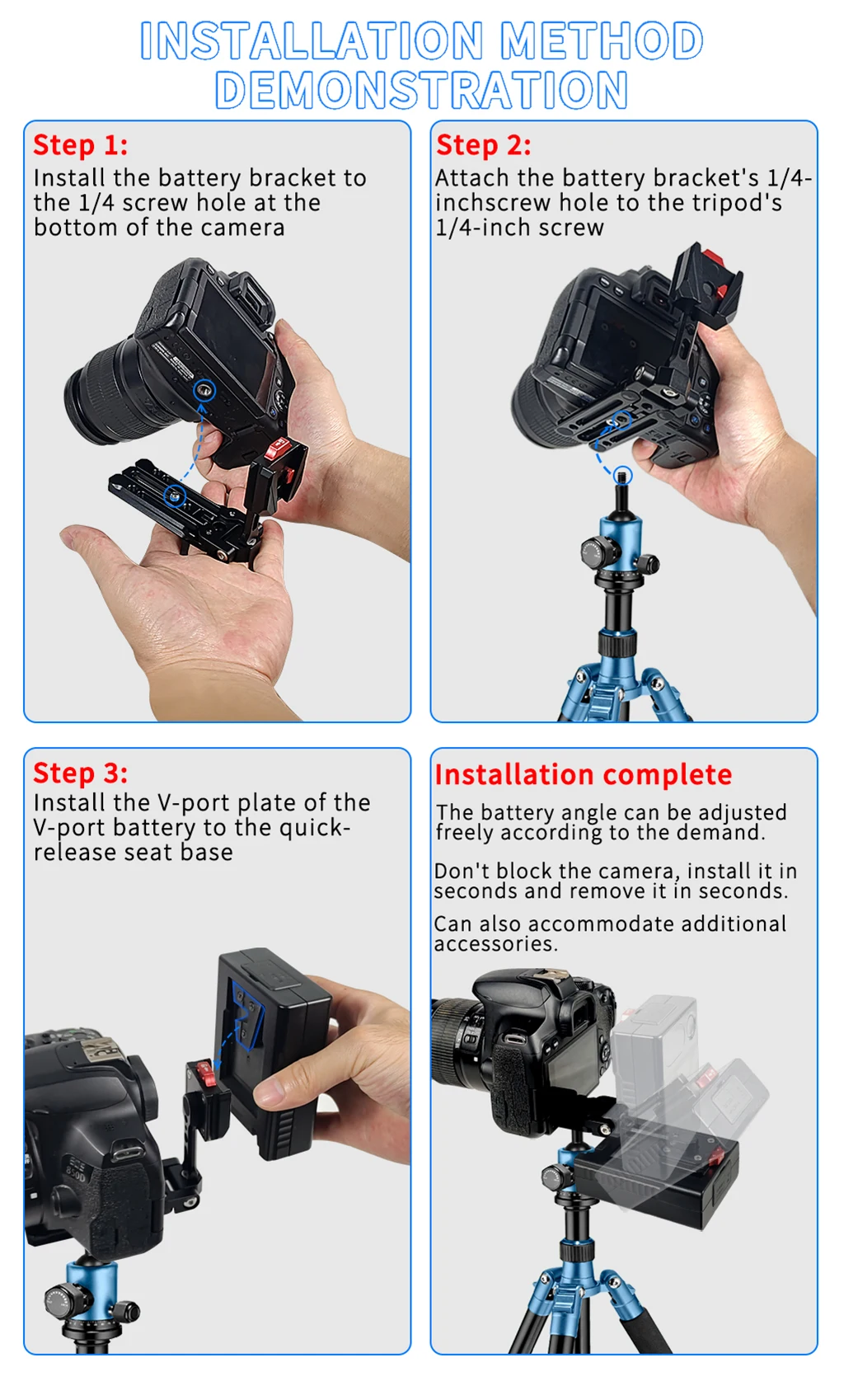 Faltbare V-Lock-Halterung, 360-Grad-verstellbare Mehrzweck-Schnellwechselplatte für ARCA-Stative, Stabilisator, Kamera, V-Mount-Netzteil – Detail 15