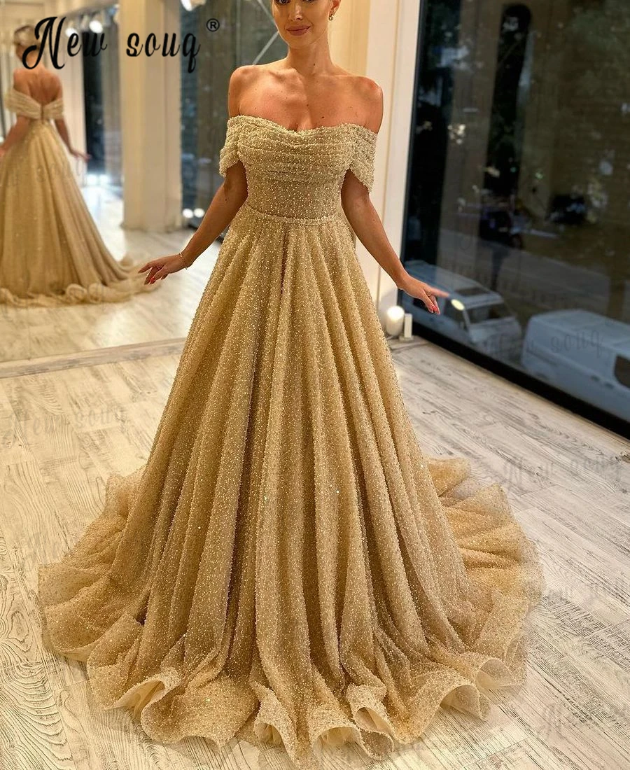 Luxury Champagne Ball Gown With Beading Prom Gowns Boat Neck Off Shoulder Evening Dress Custom Made Plus Size Arabic Formal Robe