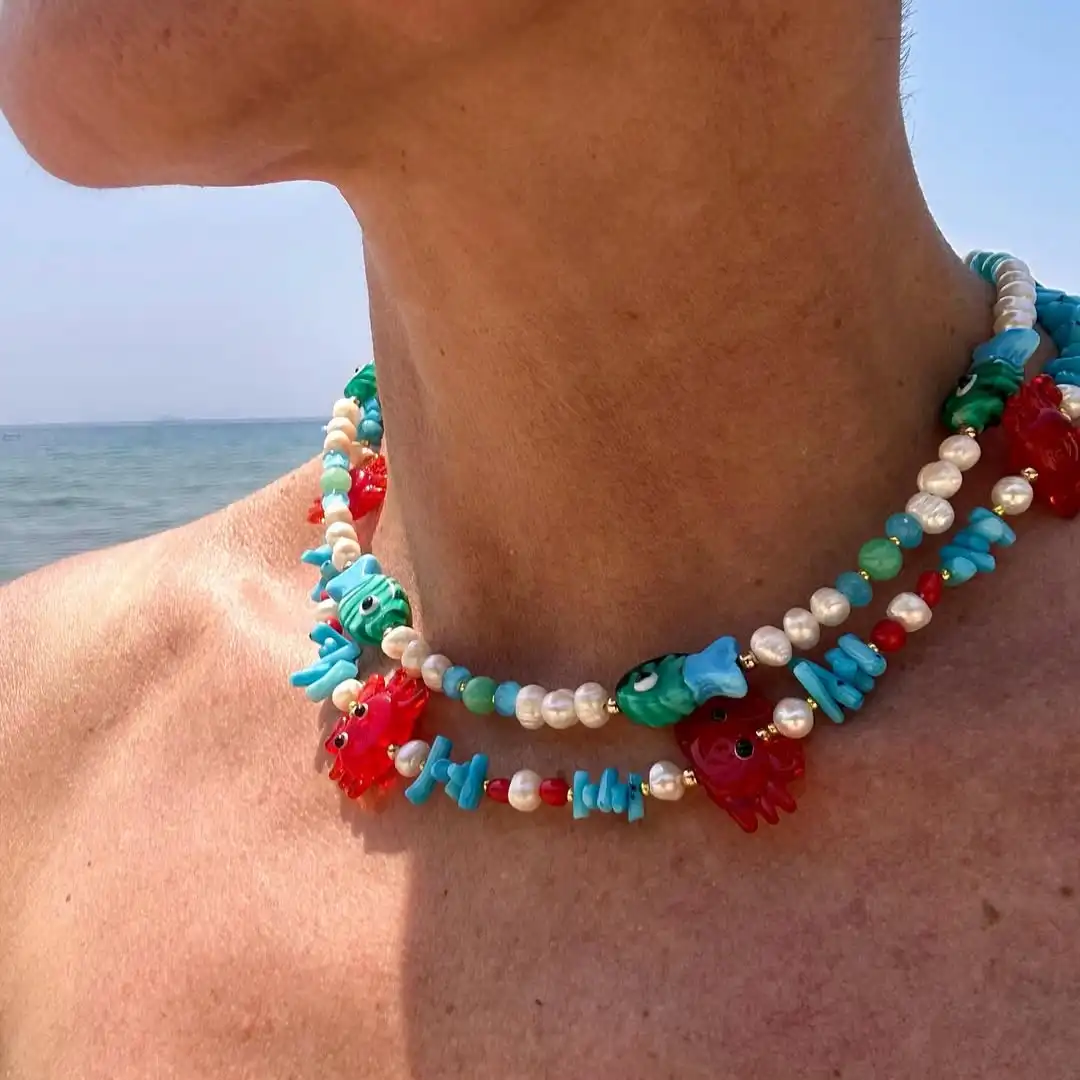 

KKBEAD Fish & Crab Necklace for Women Natural Pearl with Shell Beads Jewelry Boho Beach Vacation Gift Summer Ocean Theme Choker