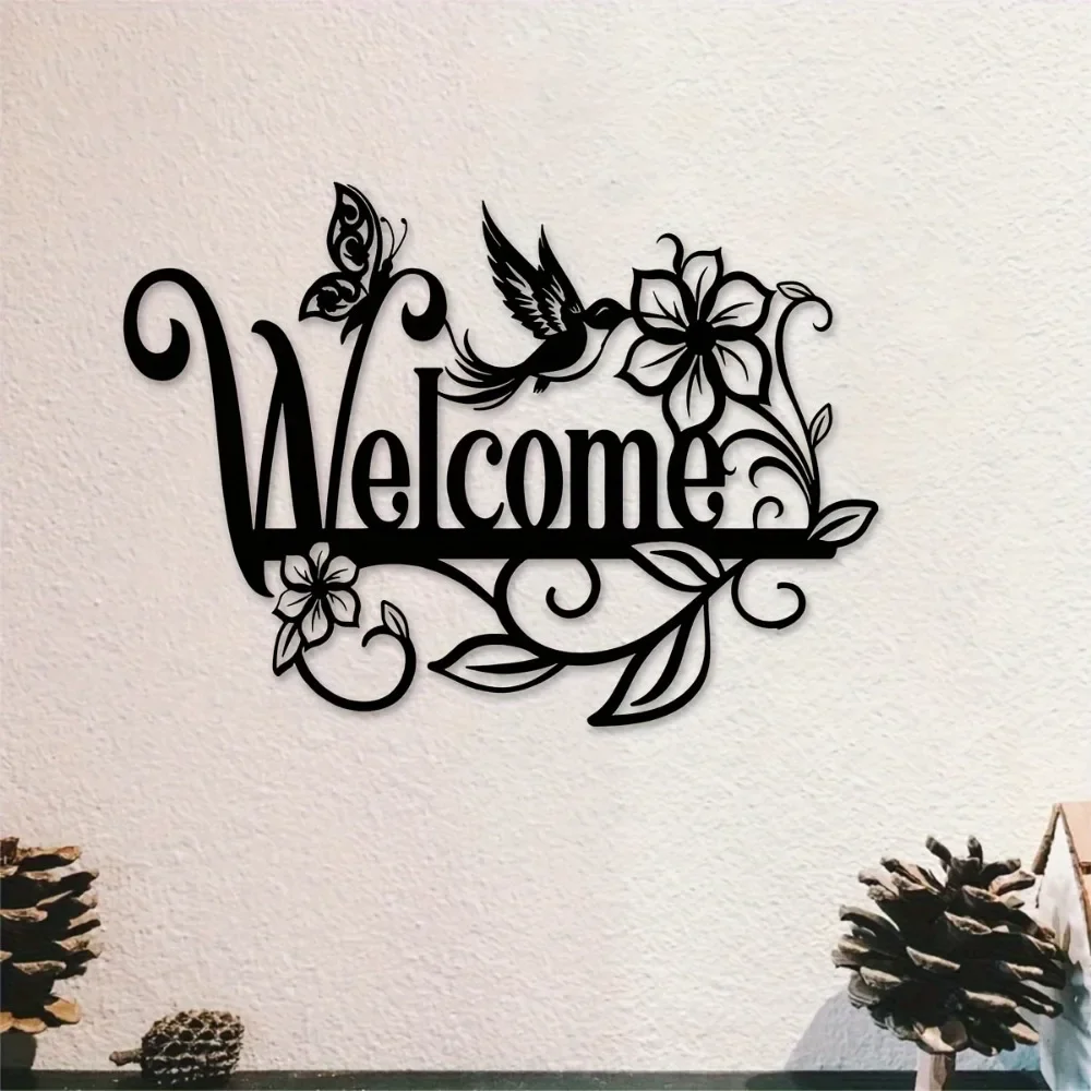 CIFBUY 1pc Black Iron Wall Decor Elegant Cursive Welcome Sign, Floral Bird Metal Art, Durable Rustproof Waterproof Hanging