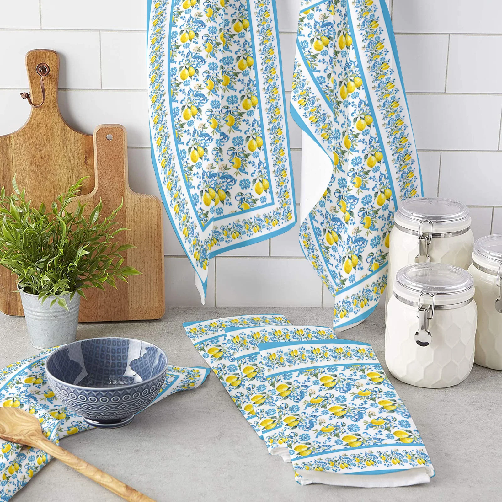 Mediterranean Lemon Flower Hand Towels Dishcloth Utensils for Kitchen Microfiber Cleaning Cloths Household Wipe Towel