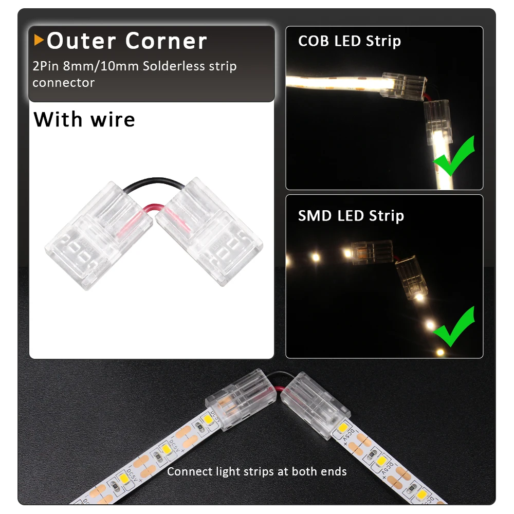 5pcs 2Pin COB LED Strip Connector Extension Wire Terminal LED Connectors for 8mm 10mm IP20 IP65 2835 5050 SMD COB Tape Lights