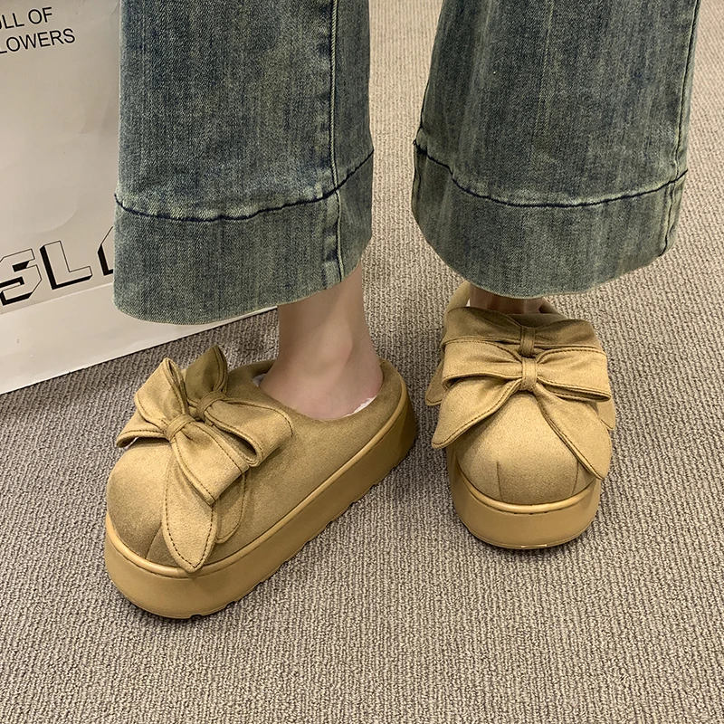 Pantofole alla moda da donna con suola spessa, a forma di fiocco, in pile, calde, alla moda, versatili, comode, antiscivolo e traspiranti