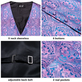 Wedding Purple Men Vest Paisley Floral Necktie Handkerchief Cufflinks Sets Blue Green Red Male Sleeveless V-Neck Waistcoat Party 5