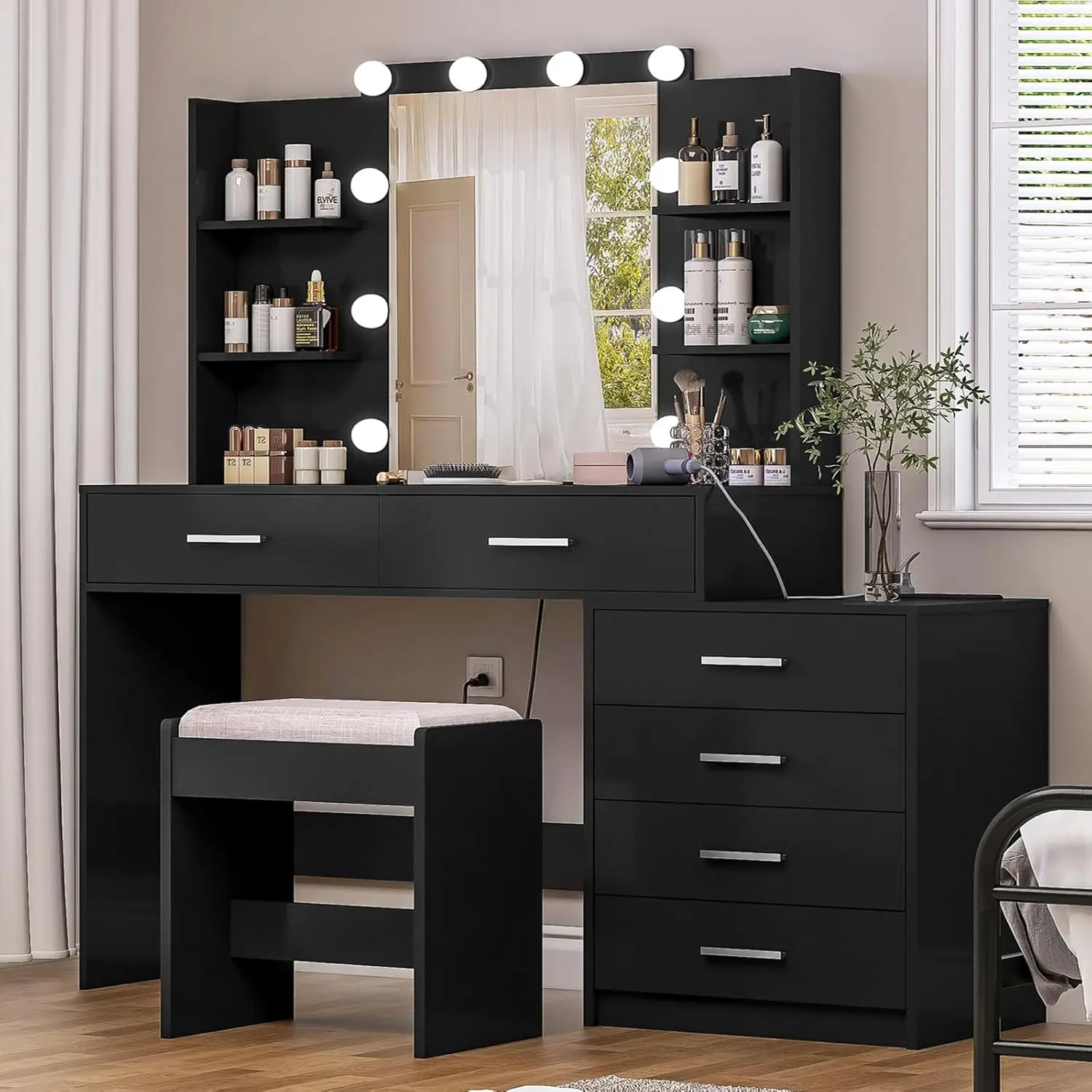 Vanity Desk with Mirror & Lights, Makeup Vanity with 6 Drawers, 6 Open Shelves and Power Outlet, 48” Storage Makeup Vanity Desk