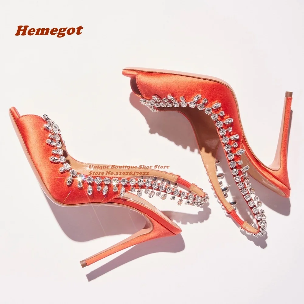 

Orange Satin Rhinestone Sandals Slingback Peep Toe Bling Slip On Stiletto Heels Women's Sandals Summer Party Wedding Shoes Sexy