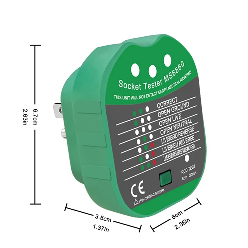 Digital Display Buzzing Socket Tester Voltage RCD Test Smart Detector Zero Line Polarity Phase Check-AT64