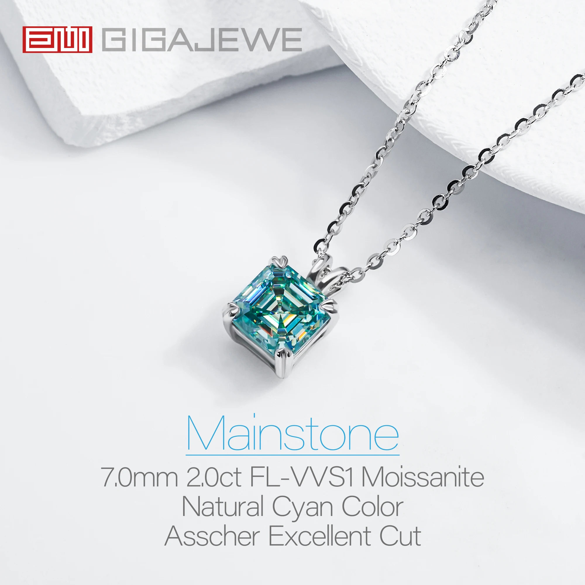 GIGAJEWE Moissanite Asscher Cut Natural Cyan Color 7.0mm 2.0ct 18K White Gold Plated Silver Engagement Necklace Woman Girl Gift