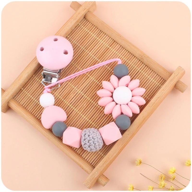 

J15U силиконовый зажим для соски для младенцев с милой цепочкой из бусинок в виде солнечных цветов для малышей, жевательная для