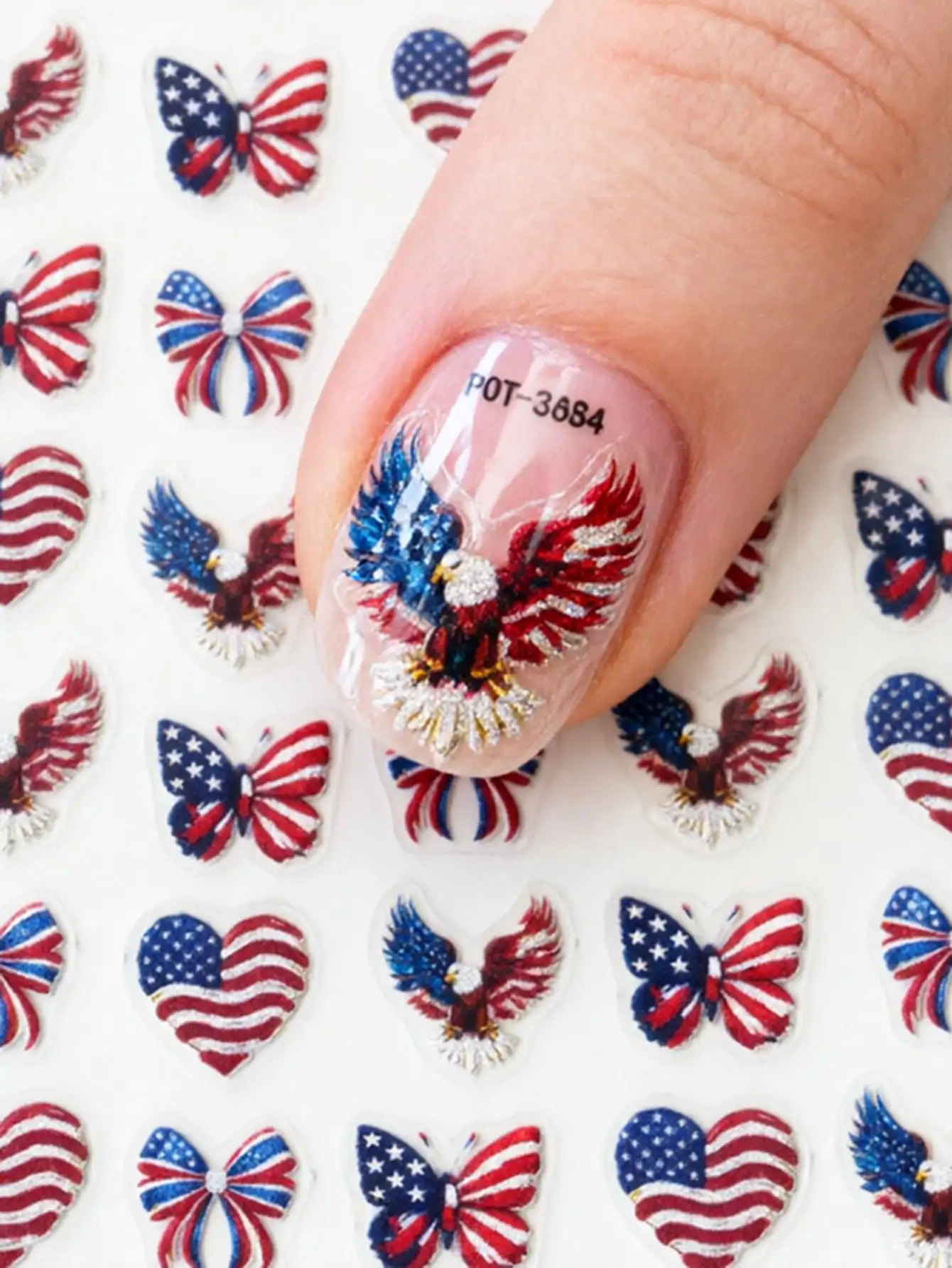 

Independence Day Heart & Bow Nail Stickers, American Flag Cartoon Design, Self-Adhesive 3D Decals. Size 8x10cm. Perfect for 4th of July Party & Nail Decoration.