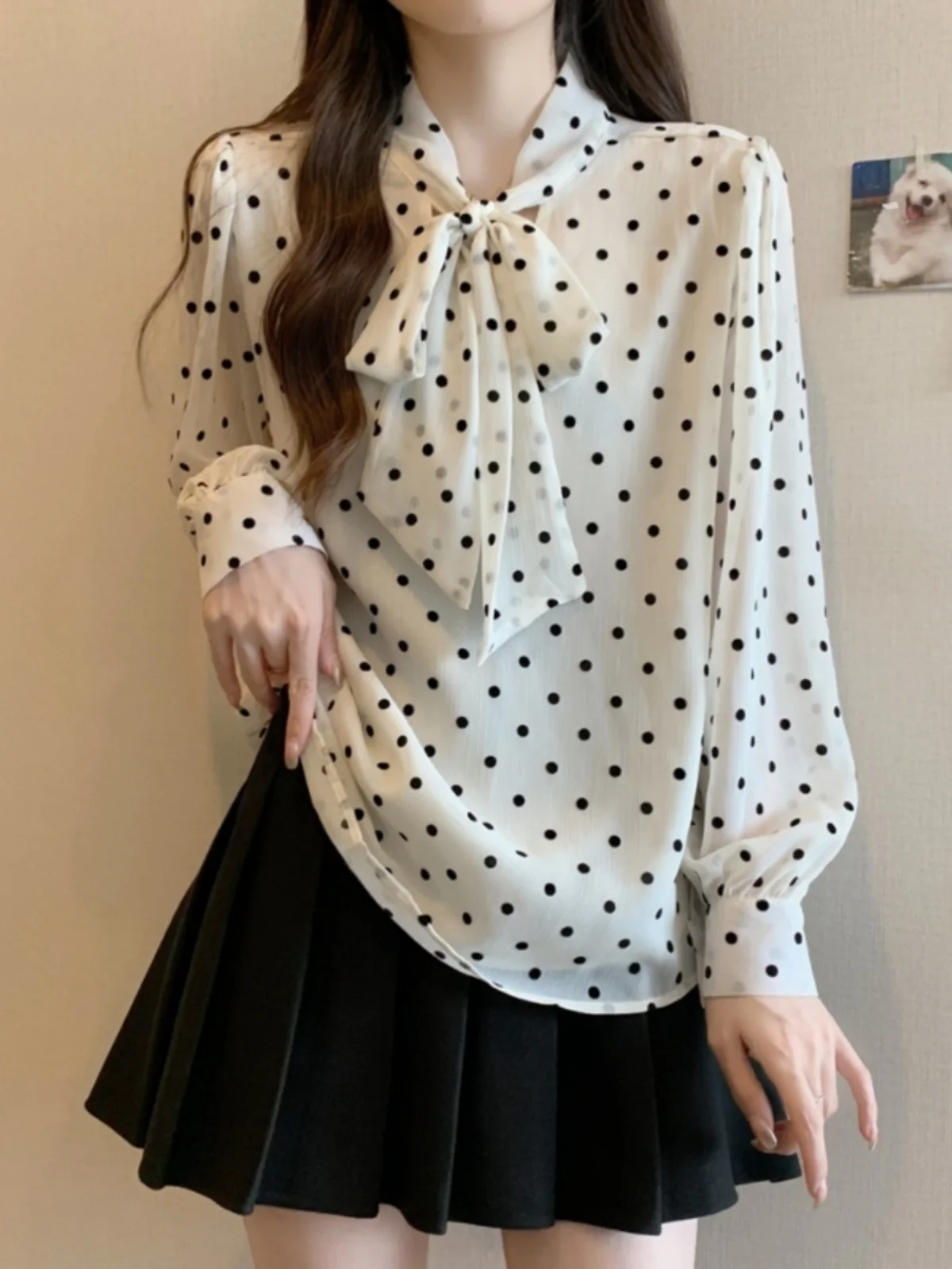 

Women's Long Sleeve Shirt Knot Waist Design Spring Autumn plus Size Slimming Polka Dot Top Korean Style Loose Fit